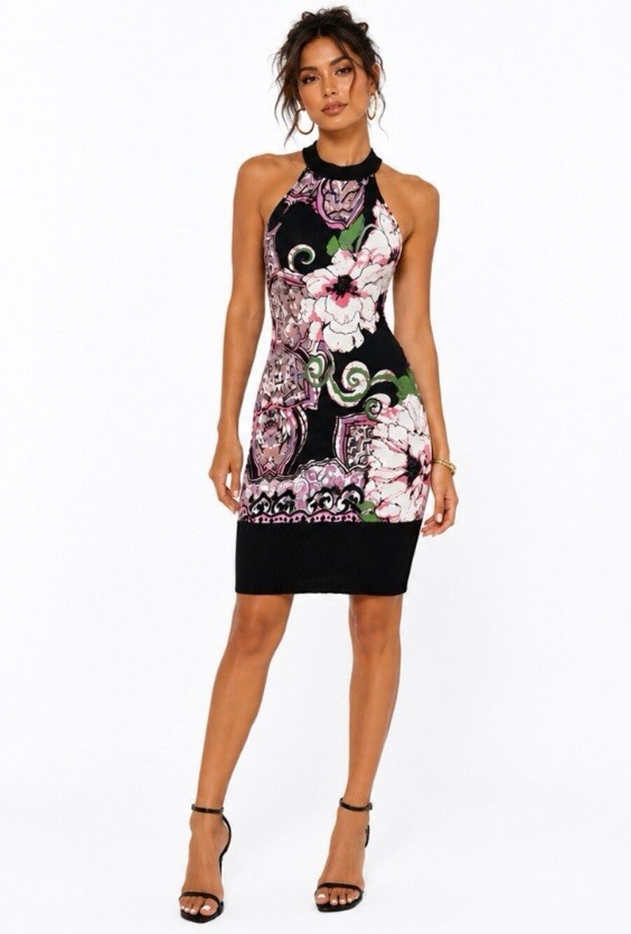 Y2K 2000s Baroque Statement Bebe Halter Bodycon Dress Size XS Black Pink Floral